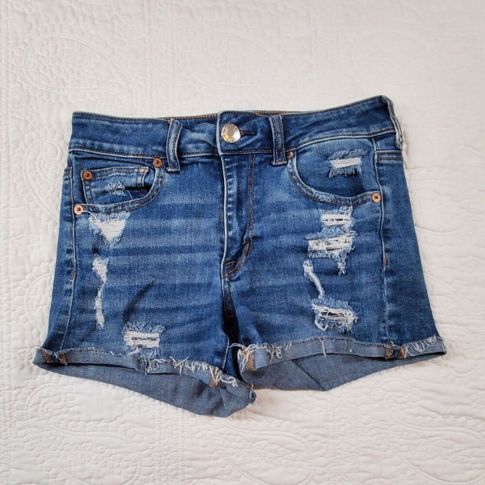 American Eagle Women's Denim Shorts Size 4 Super Stretch Cutoff Distressed